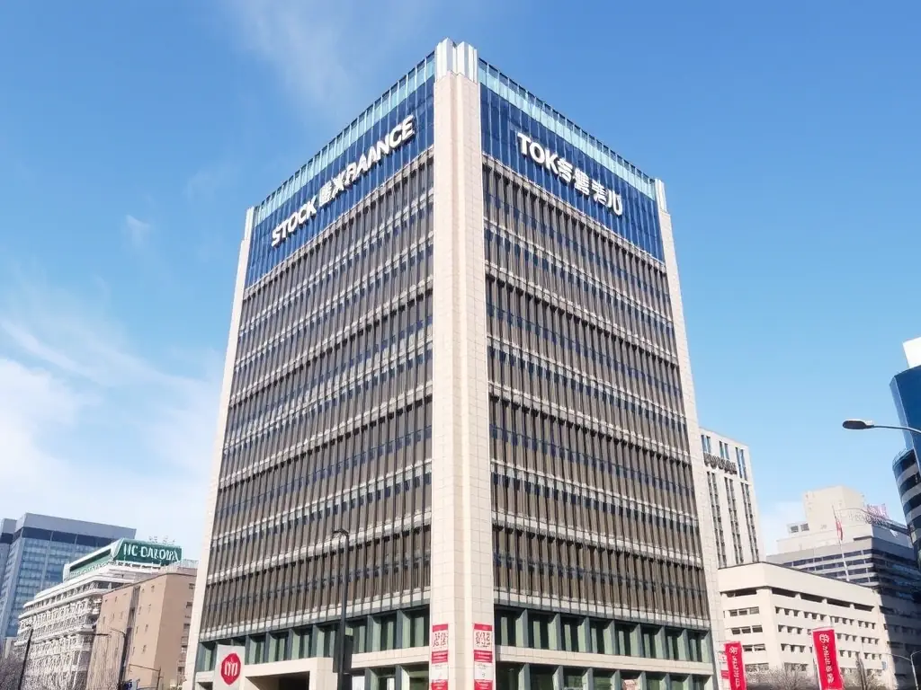 An image of the Tokyo Stock Exchange (TSE) exterior, highlighting its modern architecture and significance as a major financial hub in Asia.