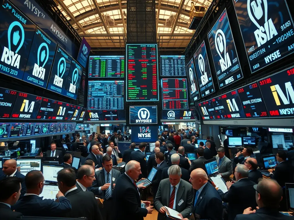 A detailed image of the New York Stock Exchange (NYSE) trading floor during a busy trading session, showcasing the hustle and bustle of stock trading.